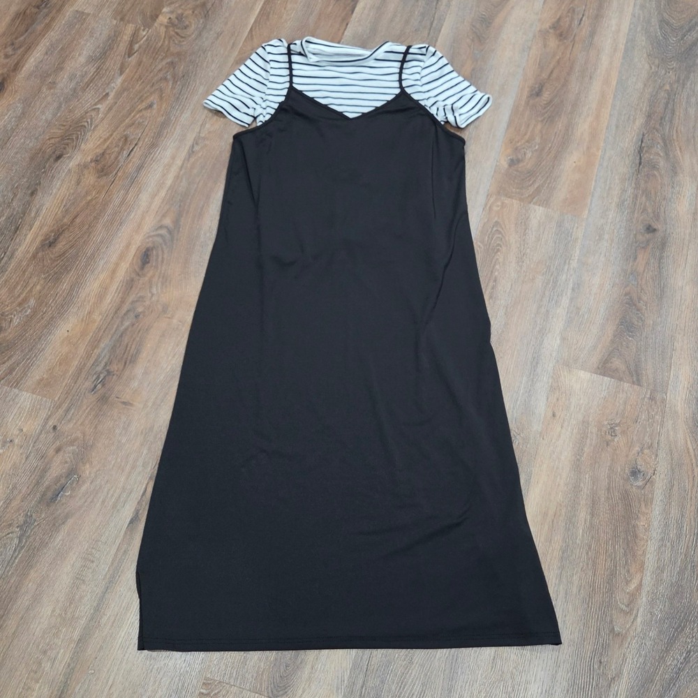 SHEIN Black Cami Dress Layered Striped Tee 2-in-1 Midi Dress Large